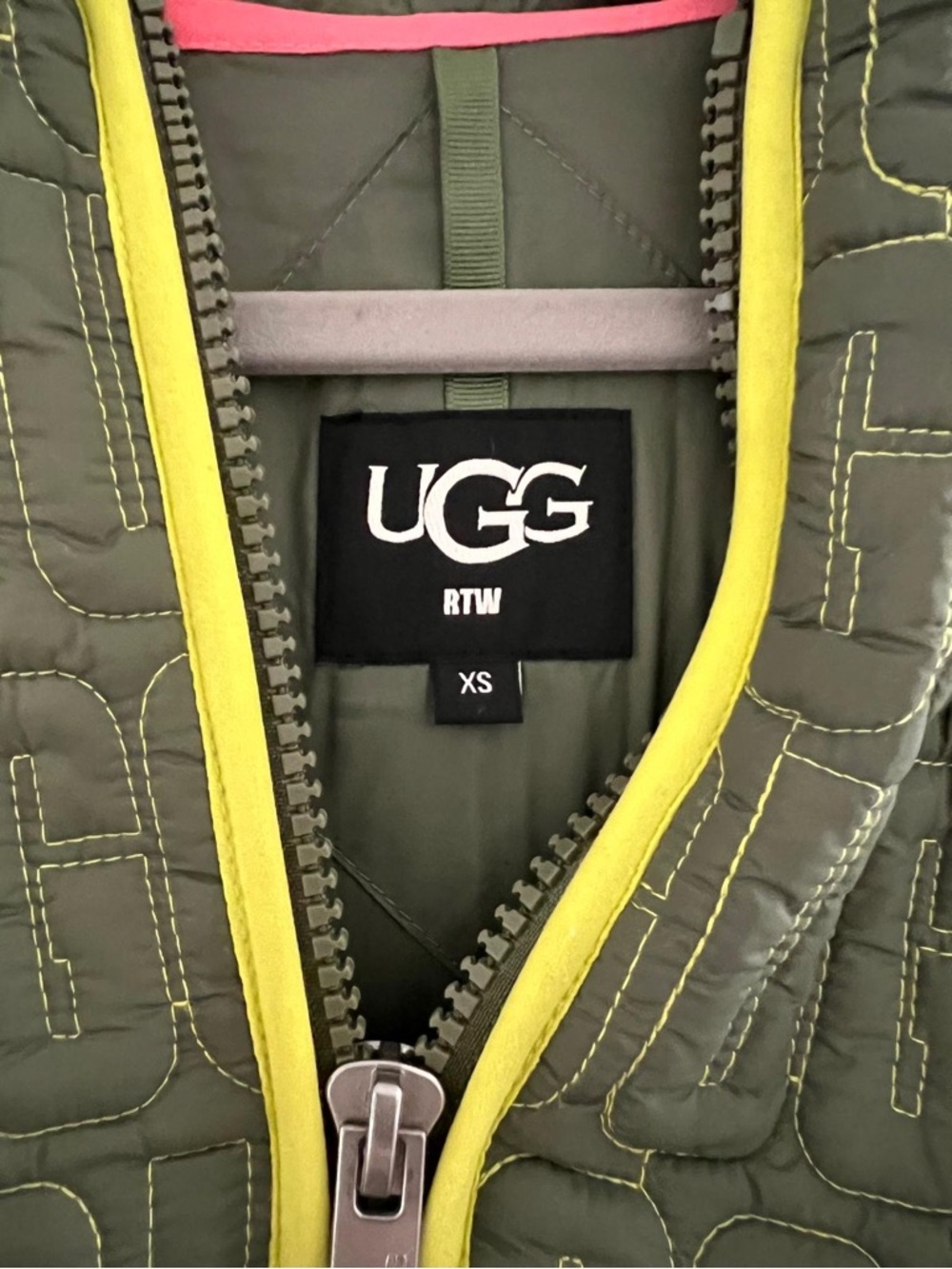 UGG Olive Green Quilted Jacket with Yellow Trim
